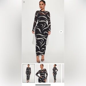 Fashion Nova Monochrome Swirl Long Sleeve Dress